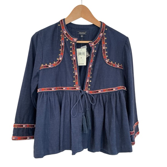 Lucky Brand Tops - NWT Lucky Brand Boho Top Jacket Women's M Peplum Tassels Rivets Embroidered Trim